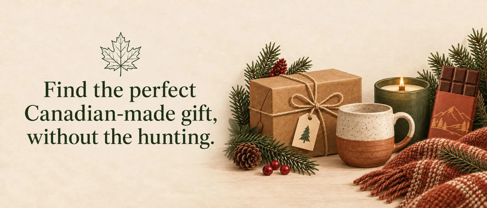 Find the perfect Canadian-made gift, without the hunting. A kraft gift box, a speckled mug, a candle, chocolate and a wool throw with pine
