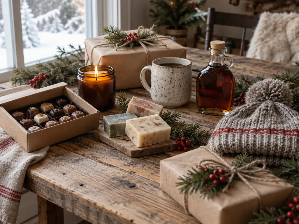 Canadian-made gifts on a wooden table: chocolates, a candle, soap, a mug, maple syrup and a wool toque